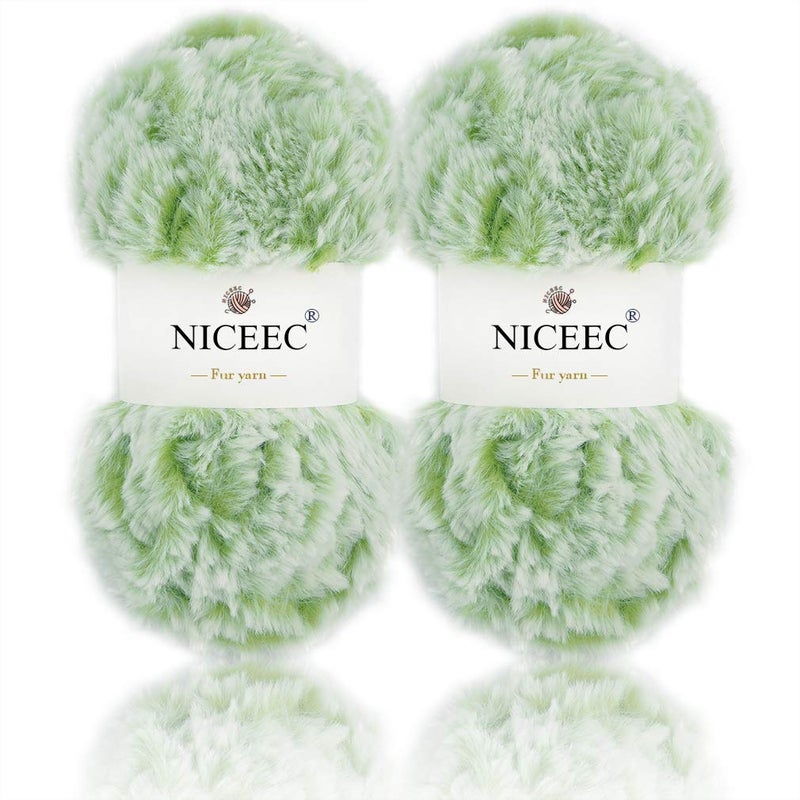 NICEEC 2 Skeins Faux Fur Yarn Super Soft, Chunky & Fluffy, Eyelash Yarn for Crochet & Knitting (Total Length 70yds,3.53oz) - Green - Image 1